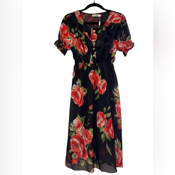 YUNA Red & Black Short Sleeve Midi  Dress With Belt Women's Size L NWT Defect - Picture 1 of 10